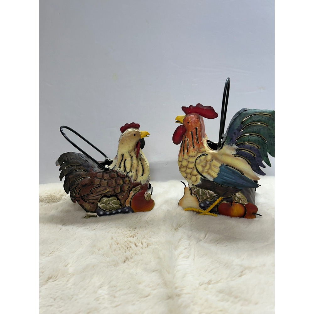 Vintage Rustic Metal Rooster and Hen Tea Light Candle Holder Set Farmhouse Decor
